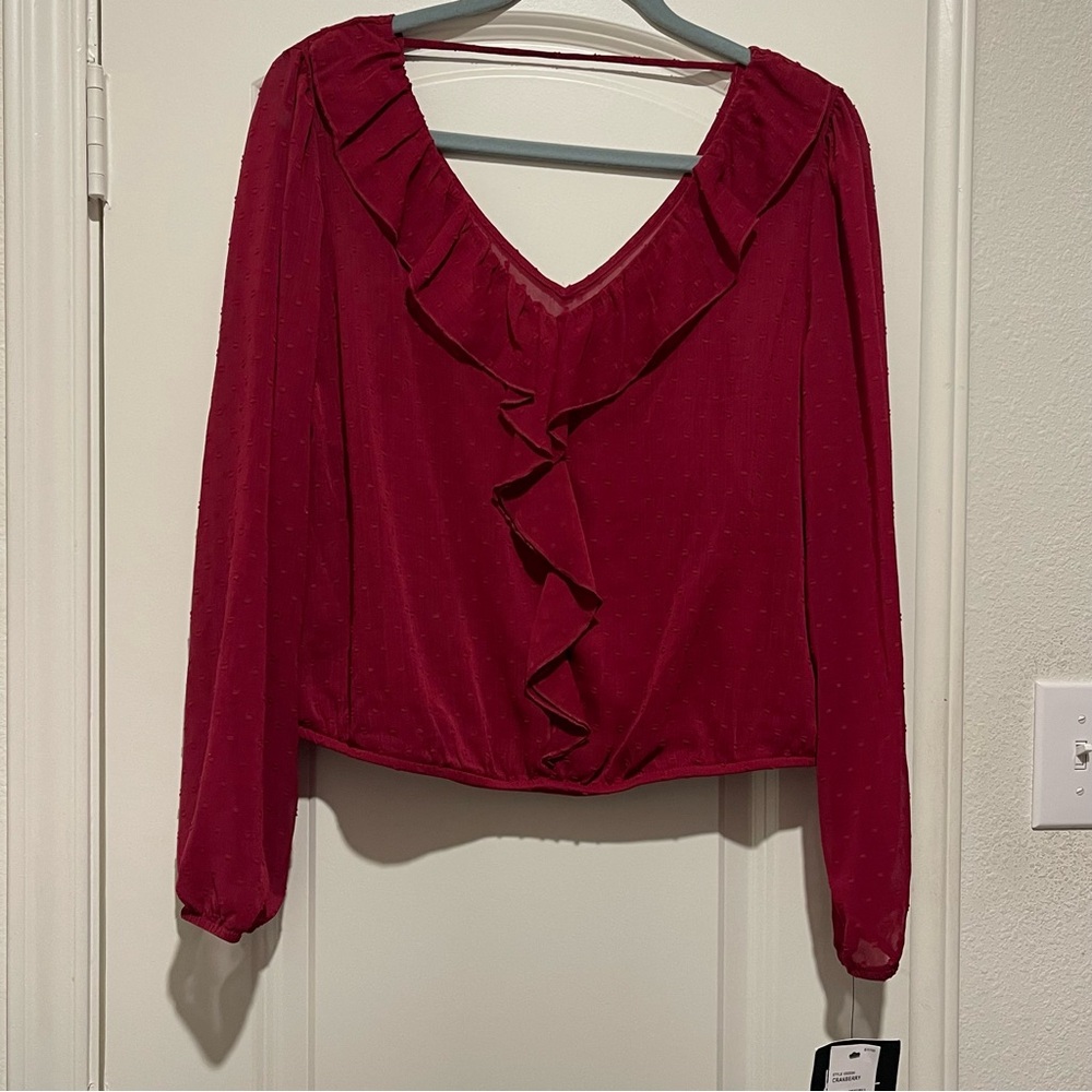 by & by Deep Red Ruffle V-Neck Blouse